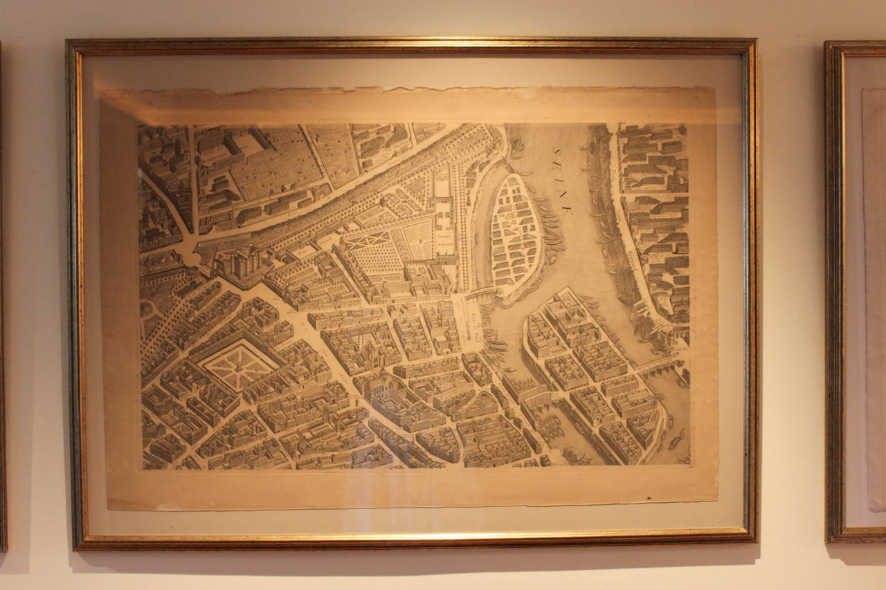Neoclassical Set of Three Large Copperplate Engravings of Maps of Paris, France, 19th Century