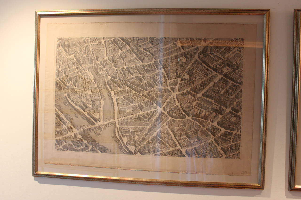 French Set of Three Large Copperplate Engravings of Maps of Paris, France, 19th Century