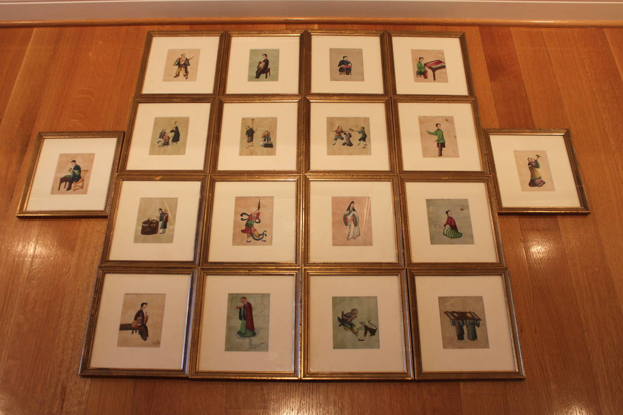 Collection of Chinese paintings from the late 19th century. This large collection of vividly painted Chinese figures are framed under glass with ecru paper mats and are in vintage gold frames.