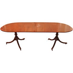 Antique Double Pedestal Extension Banded Mahogany Dining Table, 20th Century