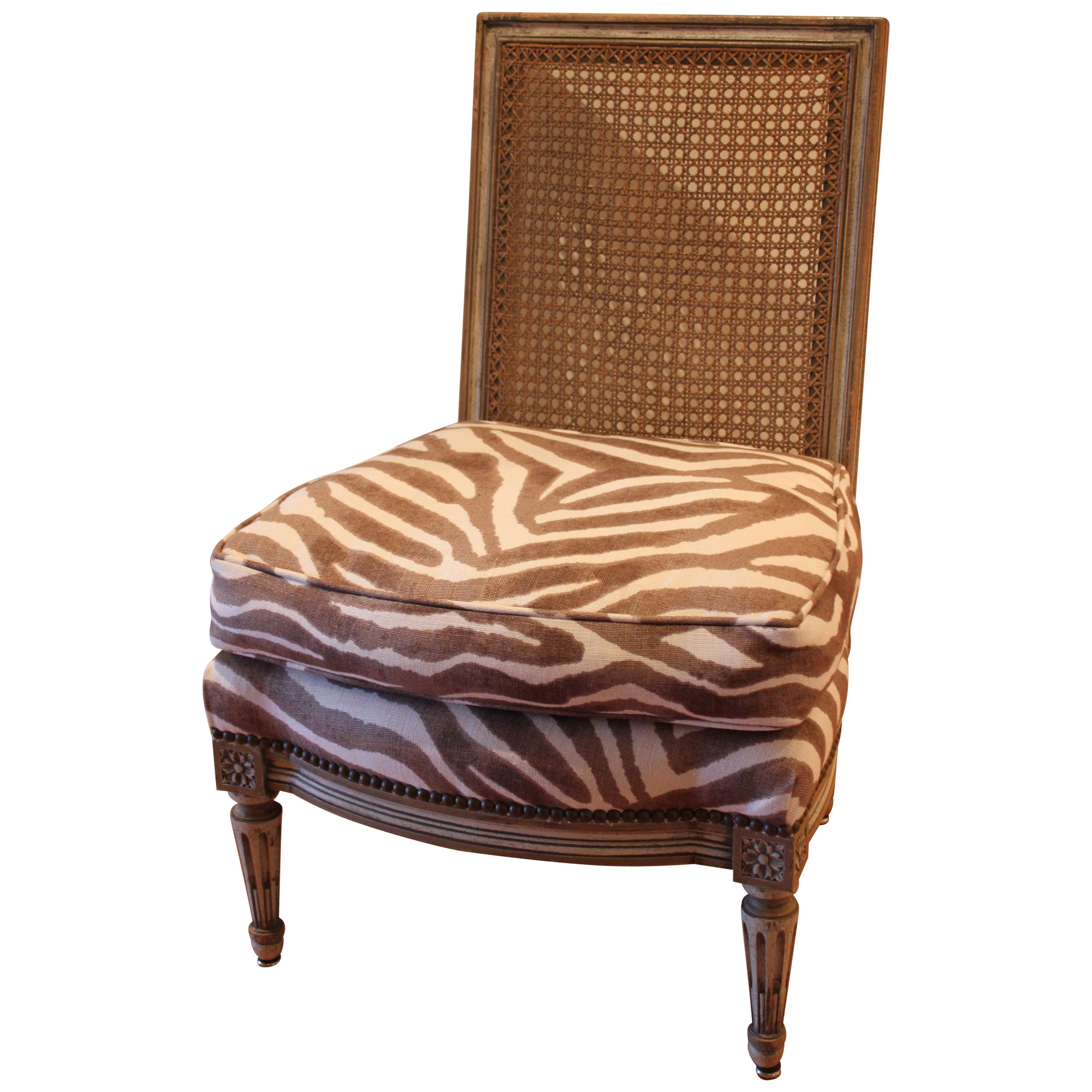 Louis XVI Style Caned Back Slipper Chair with Upholstered Seat, 20th Century