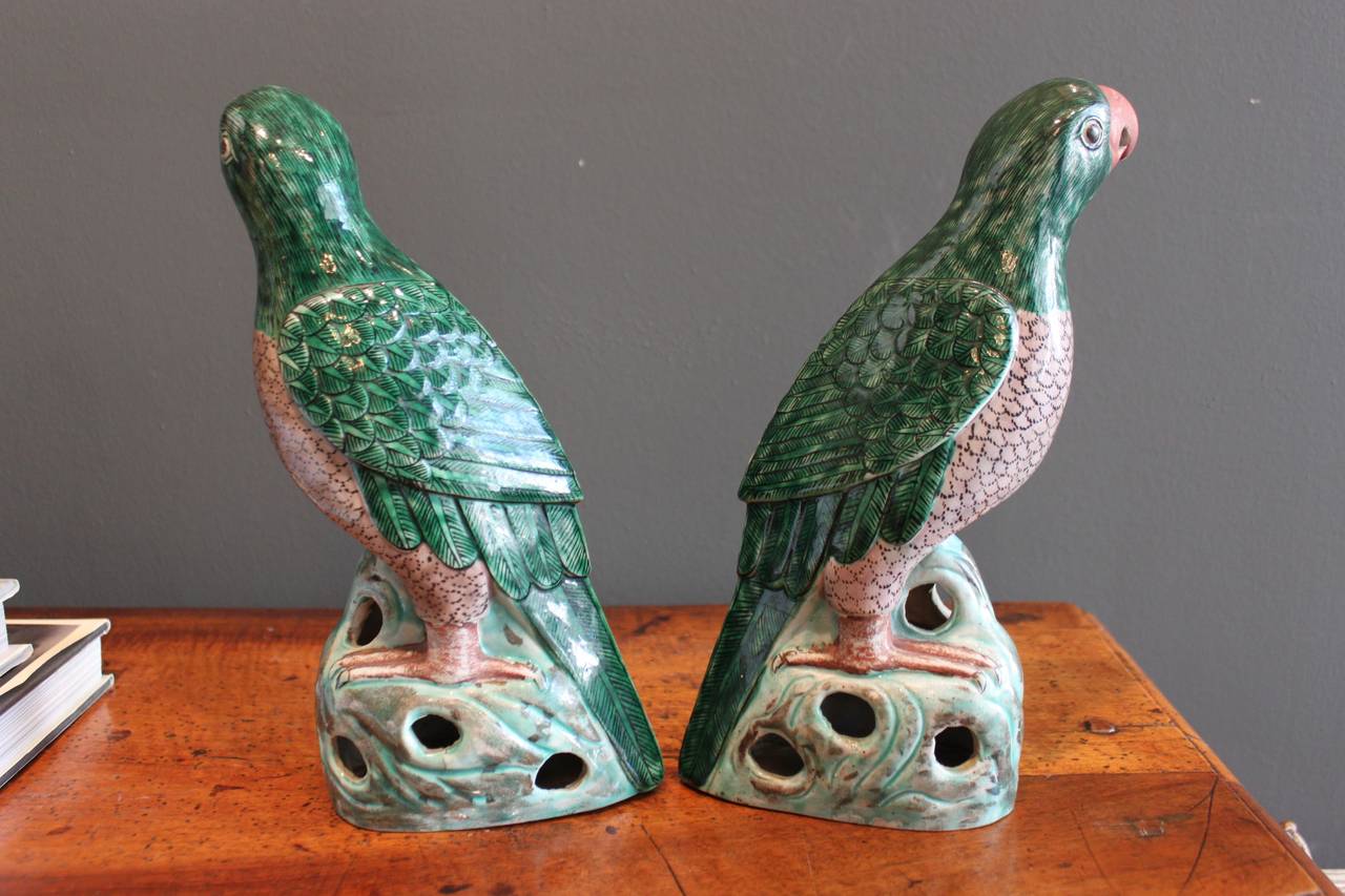 Ceramic Pair of Polychrome Chinese Famille Verte Parrots