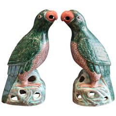 Pair of Polychrome Chinese Famille Verte Parrots
