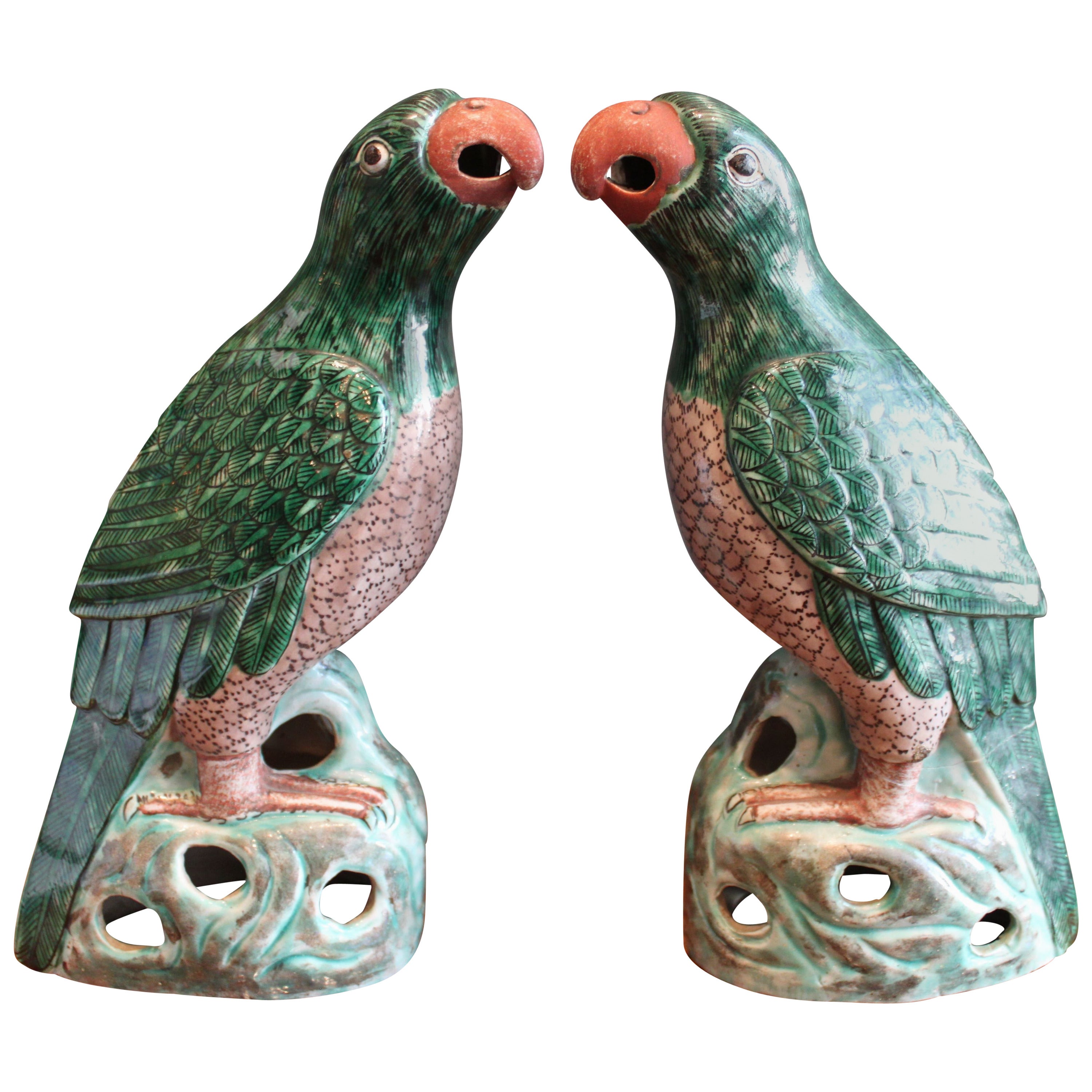 Pair of Polychrome Chinese Famille Verte Parrots