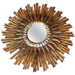 French Gold and Silver Sunburst or Starburst Convex Mirror