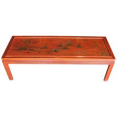 Red Lacquer Chinoiserie Coffee Table Marked John Widdicomb