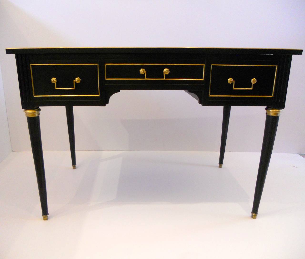 Louis XVI Ebonized French Writing Desk with Cognac Leather Top, circa 1900 4