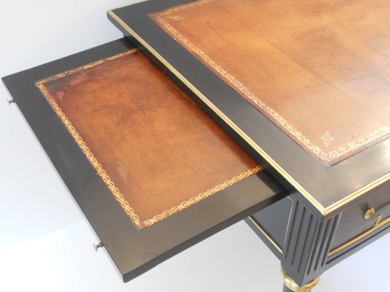 Louis XVI Ebonized French Writing Desk with Cognac Leather Top, circa 1900 In Excellent Condition In San Antonio, TX