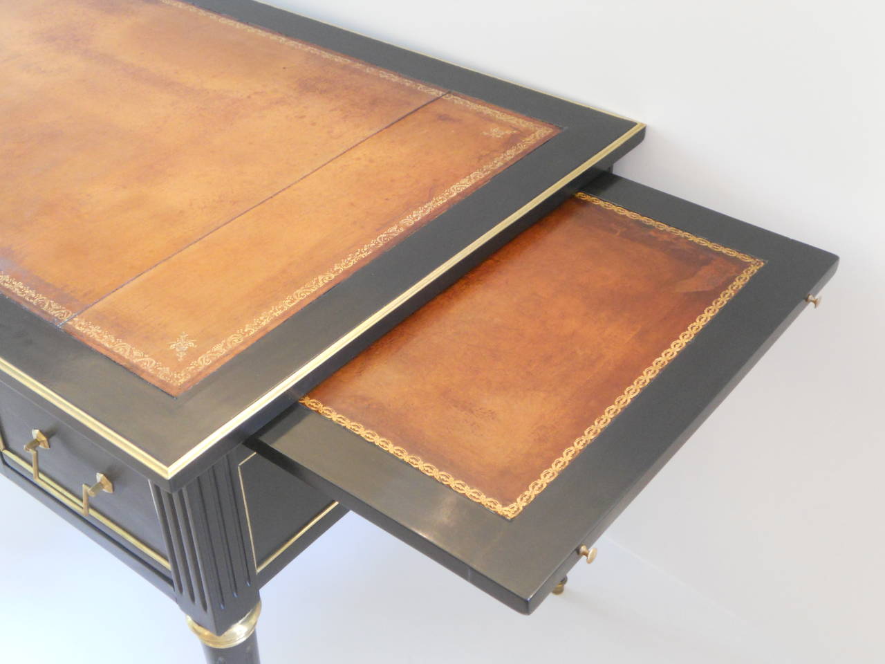 Brass Louis XVI Ebonized French Writing Desk with Cognac Leather Top, circa 1900