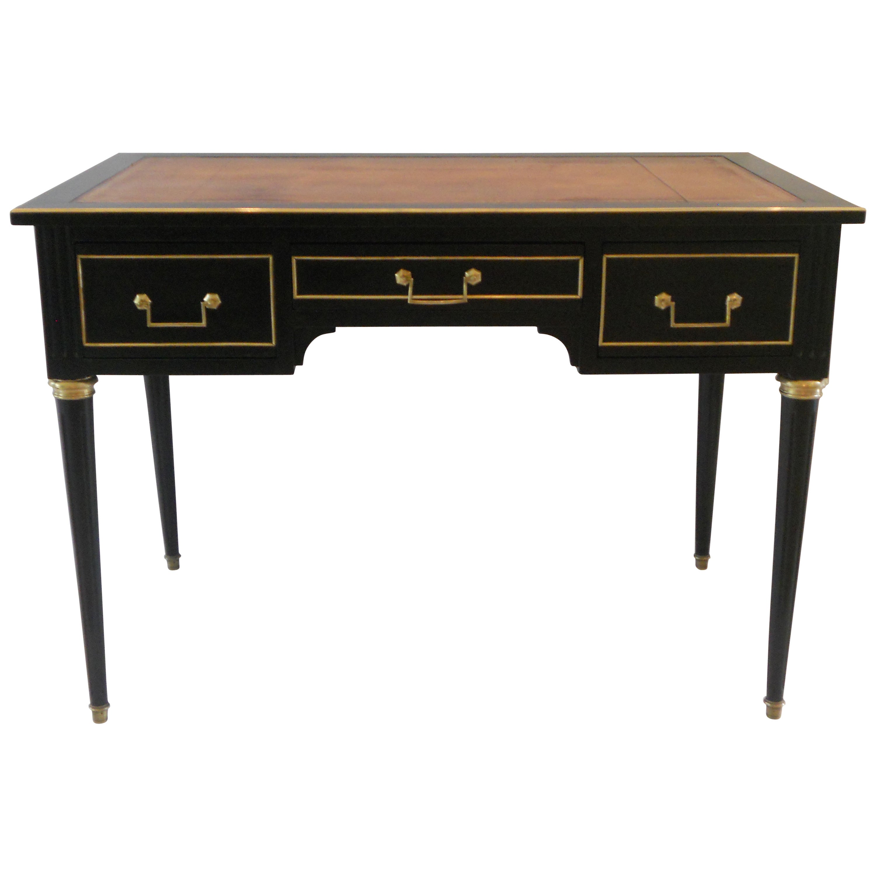 Louis XVI Ebonized French Writing Desk with Cognac Leather Top, circa 1900