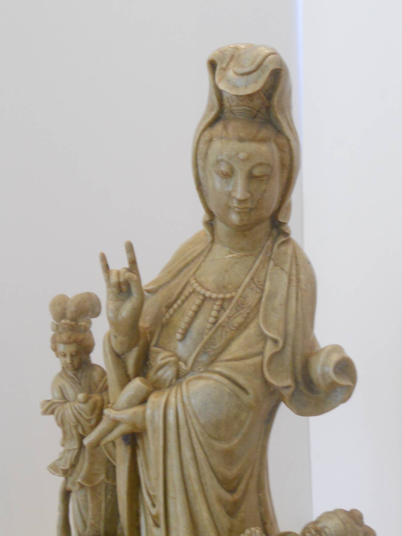 Monumental Soapstone Guanyin Figure with Pair of Maidens