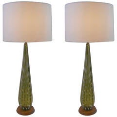 Pair of Mid-Century Modern Murano Glass Lamps with Teak