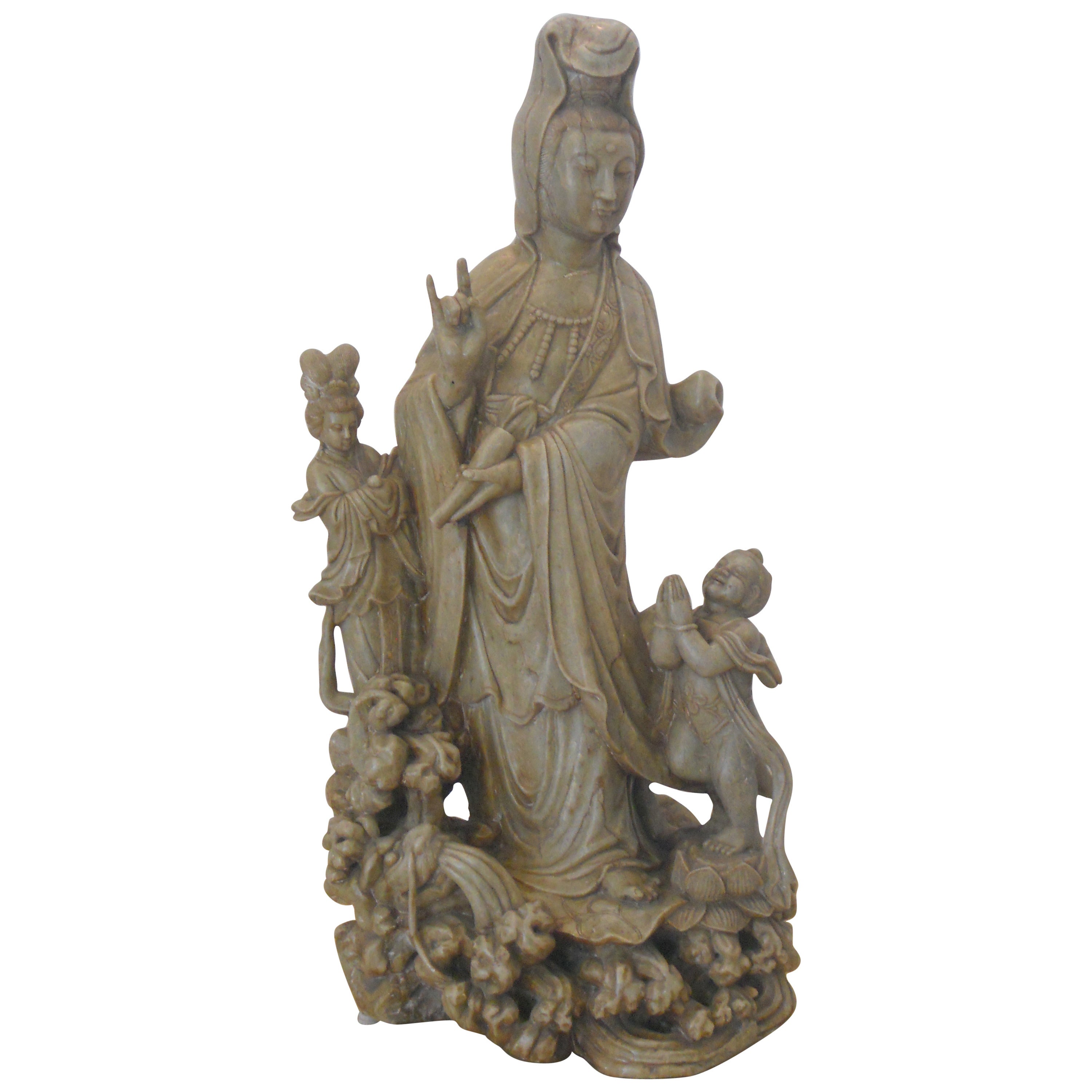 Monumental Soapstone Guanyin Figure with Pair of Maidens For Sale