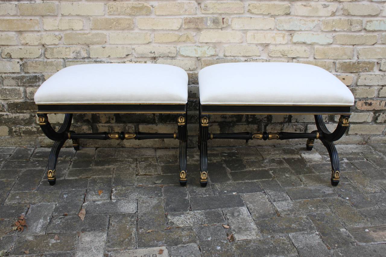 Bog Wood Pair of Regency Style Ebony and Gilt Stools or Benches, 20th Century