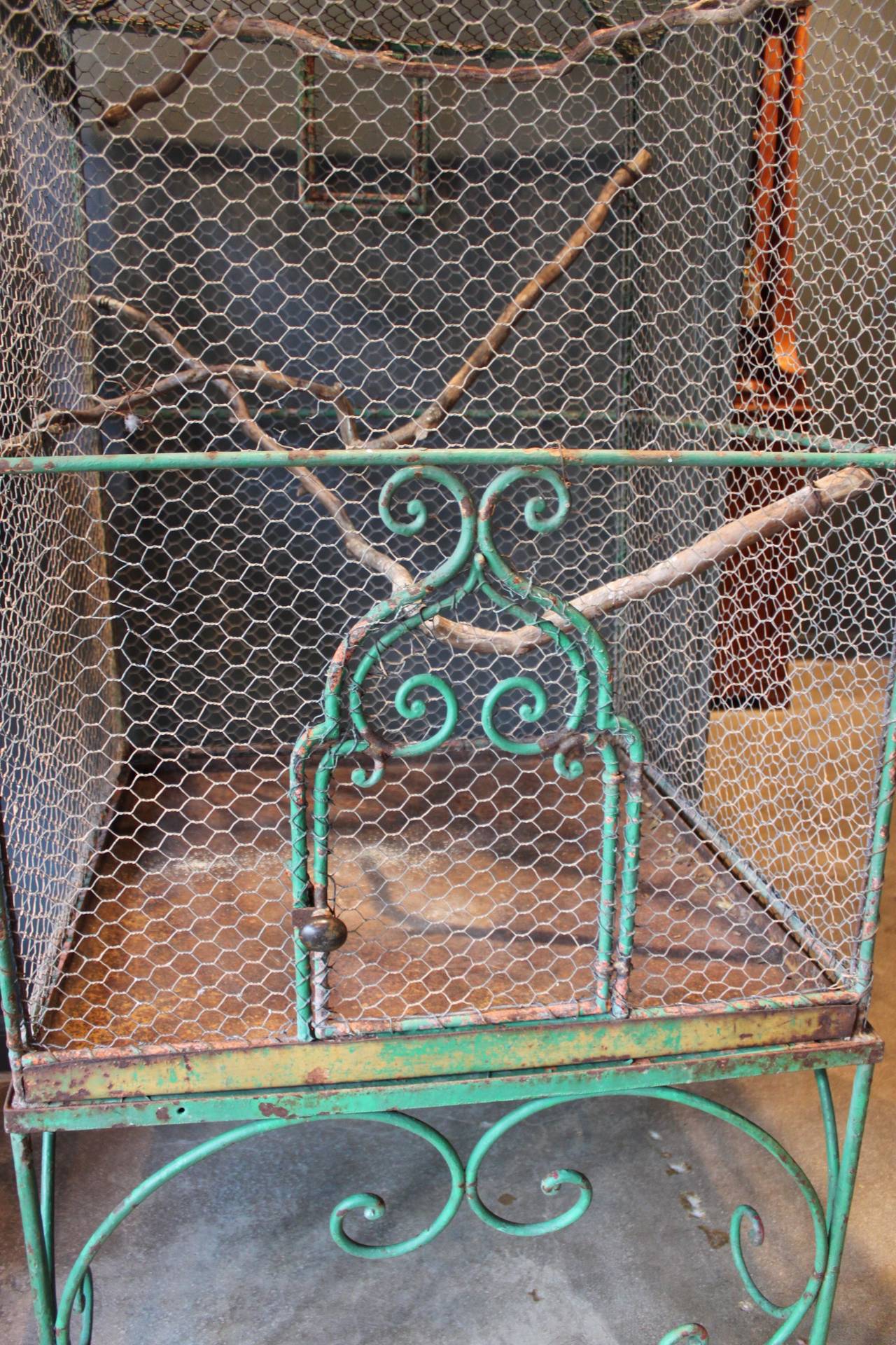 Monumental 19th Century French Green Painted Bird Cage In Distressed Condition In San Antonio, TX