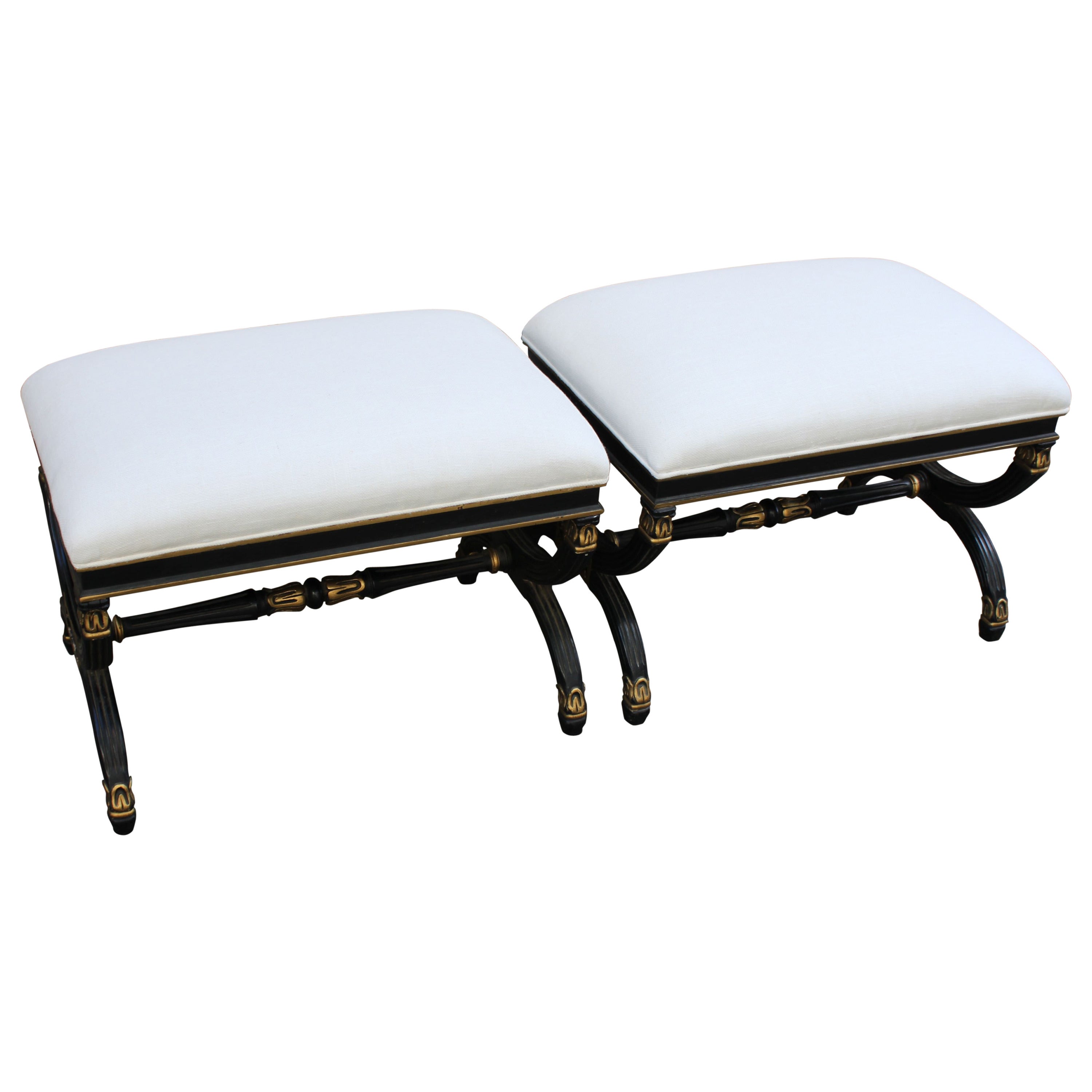 Pair of Regency Style Ebony and Gilt Stools or Benches, 20th Century