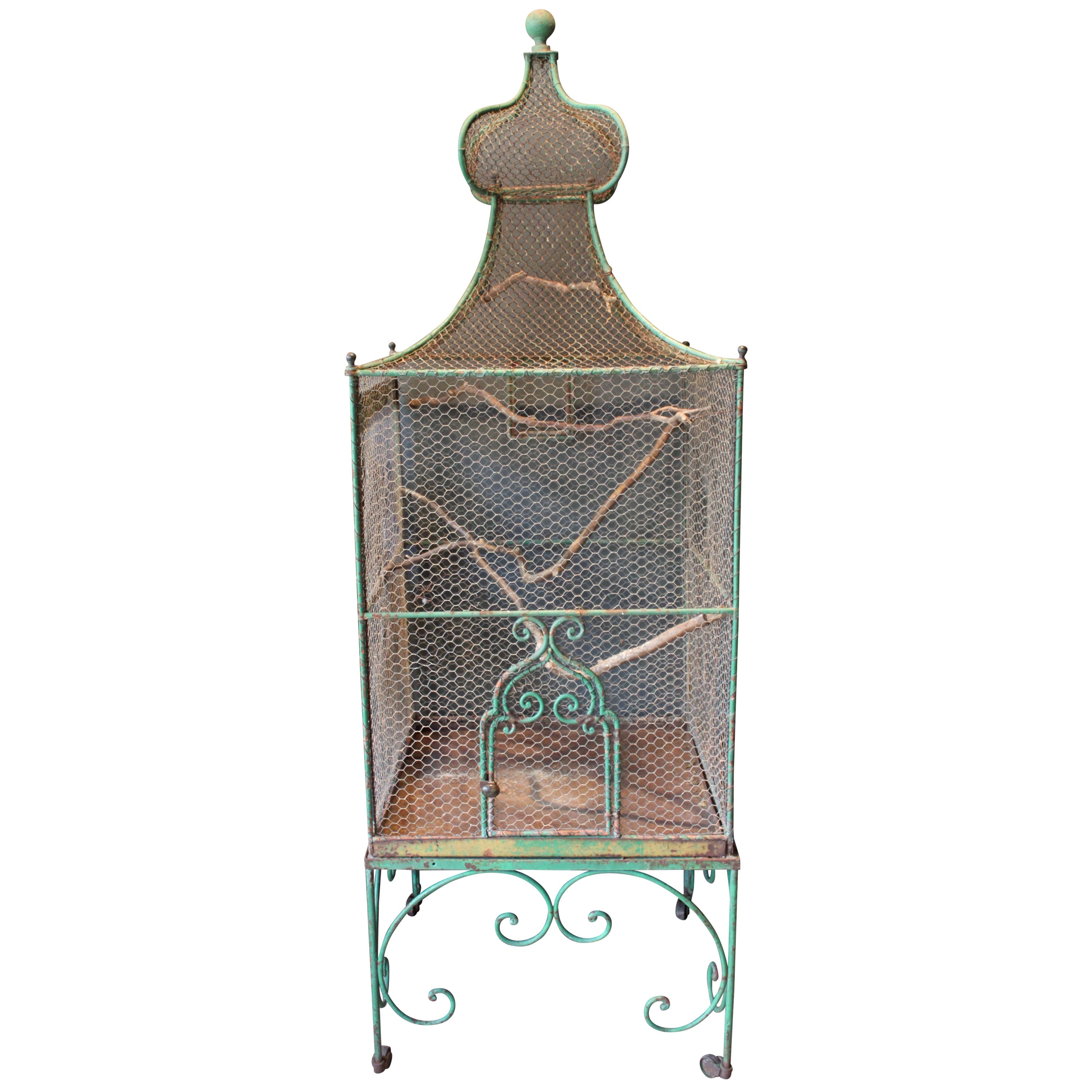 Monumental 19th Century French Green Painted Bird Cage