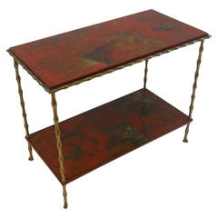 French Chinoiserie Bagues Table with Faux Bamboo Legs and Paw Feet, circa 1950