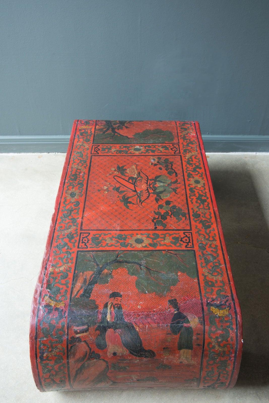 Carved 19th Century, Chinese Red Lacquer Scroll Low Cocktail Table