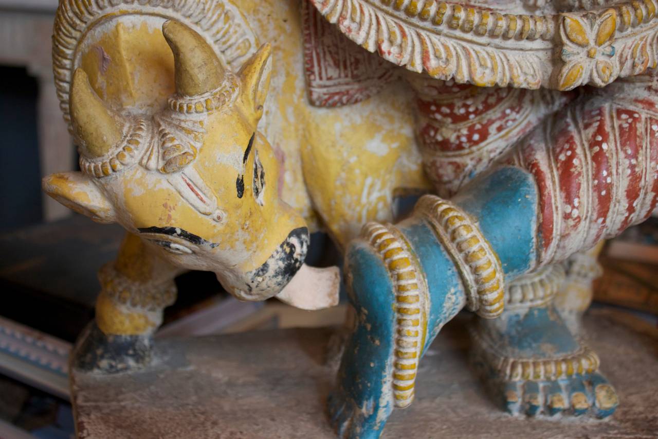20th Century Polychrome Statue Depicting Hindu God Vishnu and Cow, India