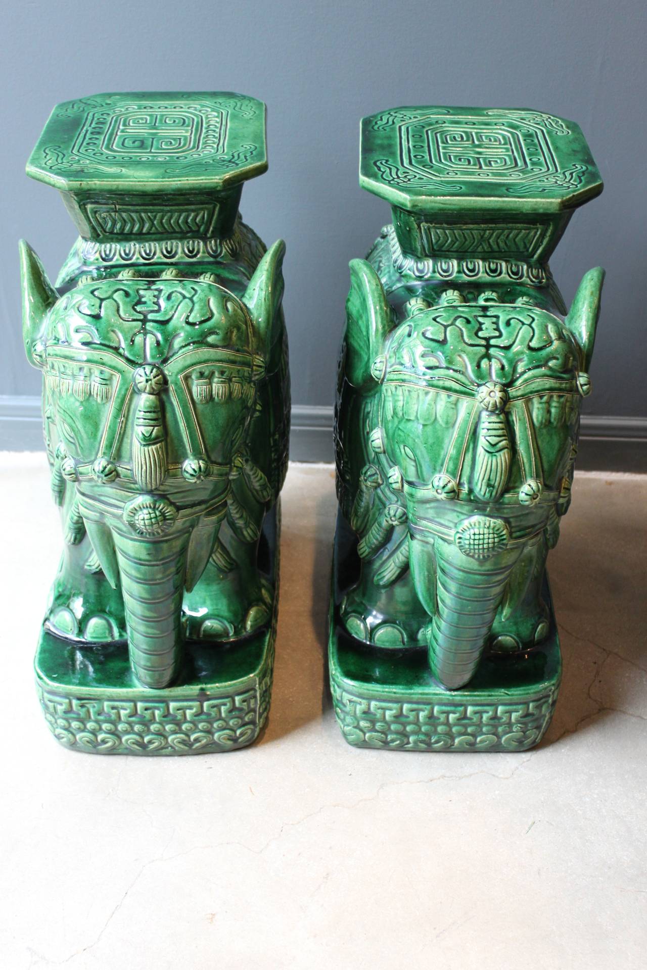 20th Century Pair of Mid-Century Elephant Emerald Green Glazed Ceramic Garden Stools