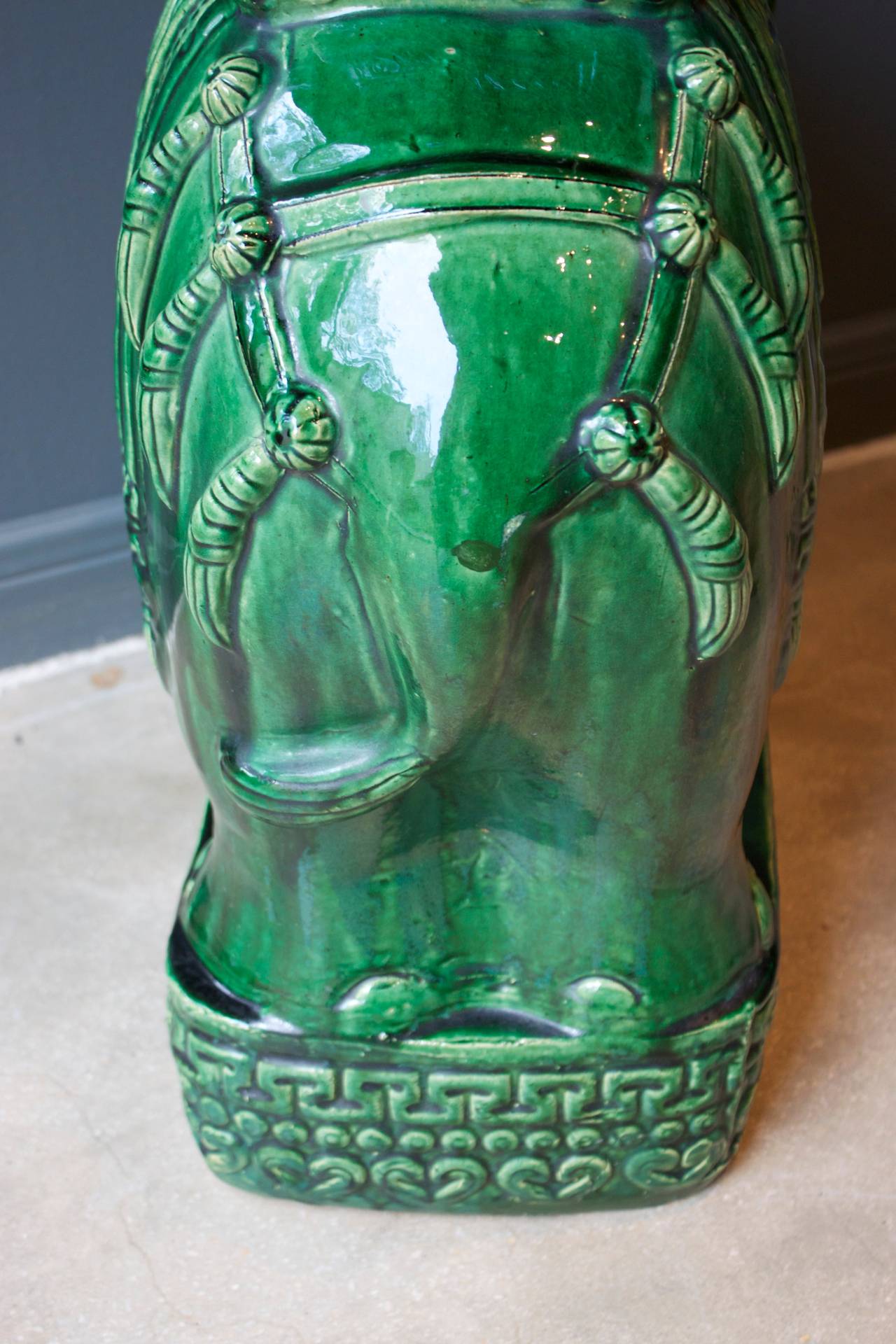 Chinese Pair of Mid-Century Elephant Emerald Green Glazed Ceramic Garden Stools