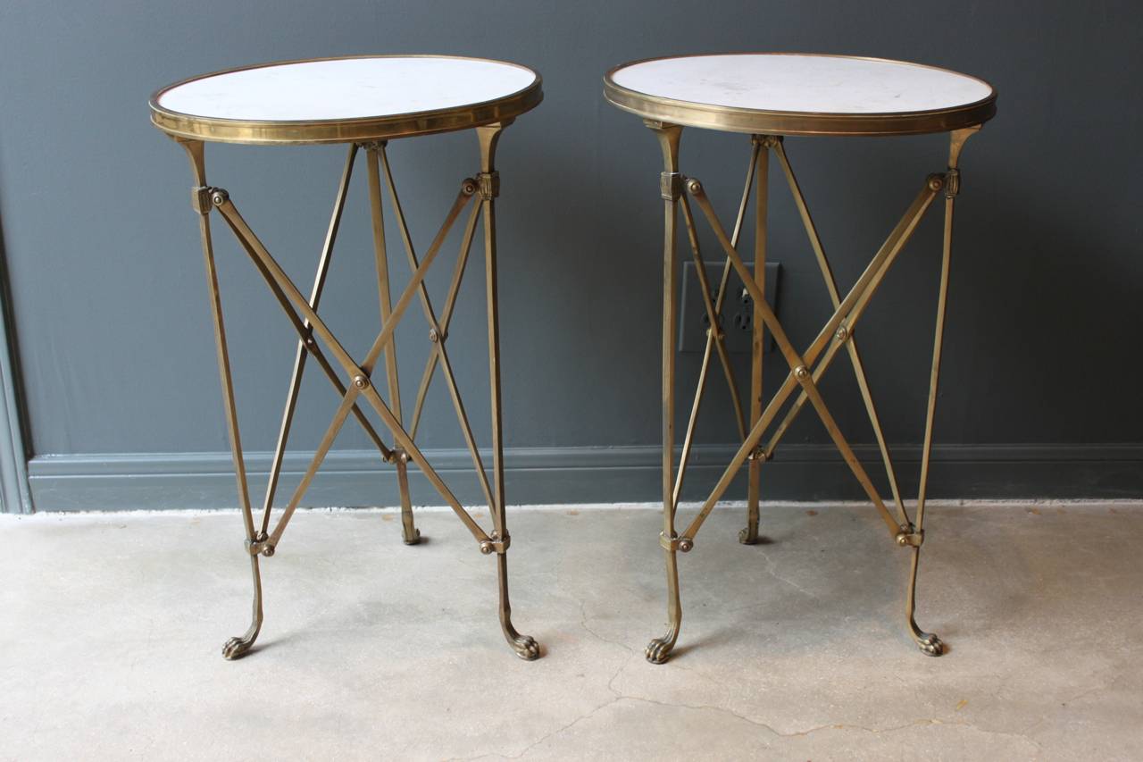 French Pair of Neoclassical Bronze and Marble Gueridon Tables, France, circa 1920