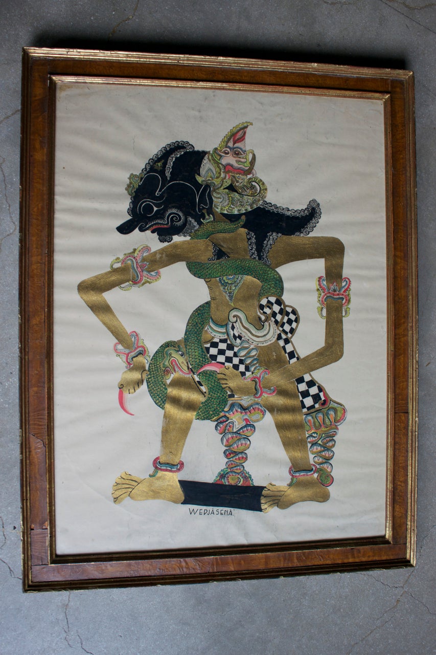 Indonesian Painting on Paper in Vintage Burl Wood Frame, Early 20th Century For Sale 5