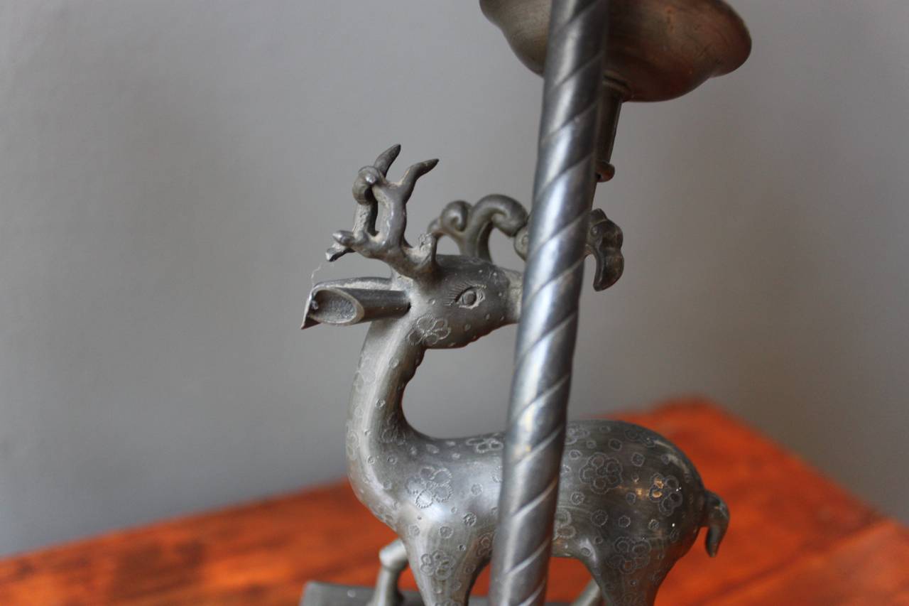 Rare Pair of Chinese Antelope Pewter Oil Lamps For Sale 4