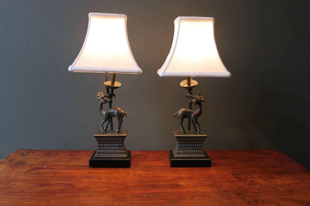 Rare Pair of Chinese Antelope Pewter Oil Lamps For Sale 5