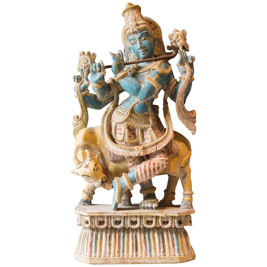 Polychrome Statue Depicting Hindu God Vishnu and Cow, India