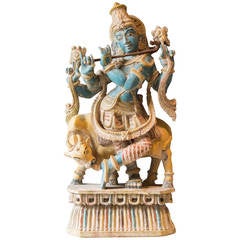 Polychrome Statue Depicting Hindu God Vishnu and Cow, India