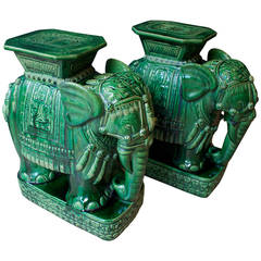 Pair of Mid-Century Elephant Emerald Green Glazed Ceramic Garden Stools