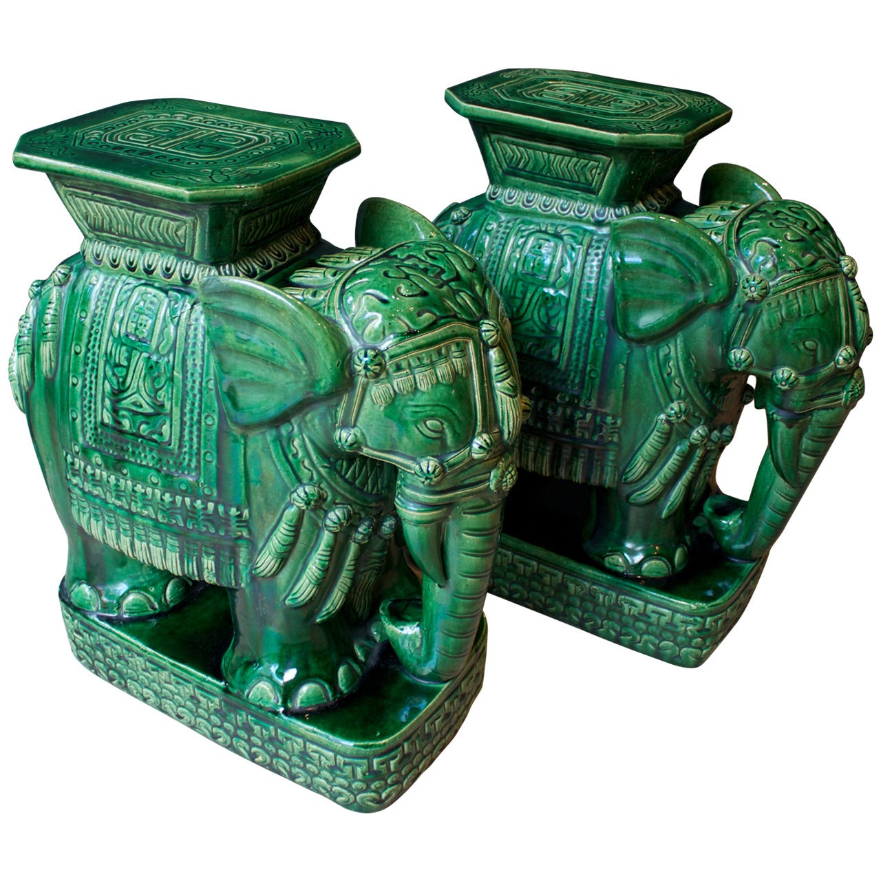 Pair of Mid-Century Elephant Emerald Green Glazed Ceramic Garden Stools