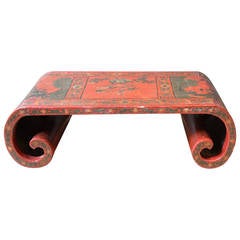 19th Century, Chinese Red Lacquer Scroll Low Cocktail Table
