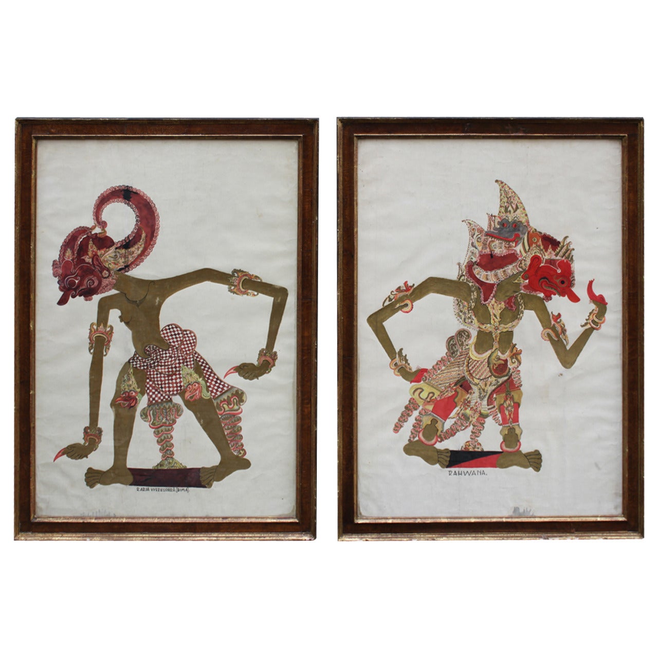 Early 20th Century Pair of Indonesian Paintings in Vintage Burl Wood Frames For Sale