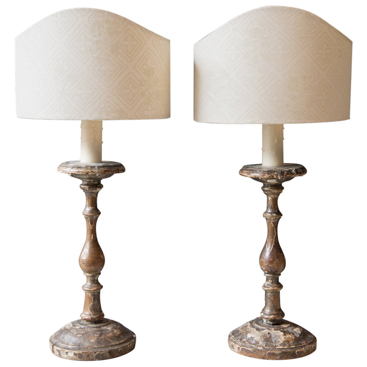 Pair of 18th Century Italian Wood Candlestick Lamps with Custom Fortuny