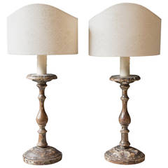 Pair of 18th Century Italian Wood Candlestick Lamps with Custom Fortuny Shades
