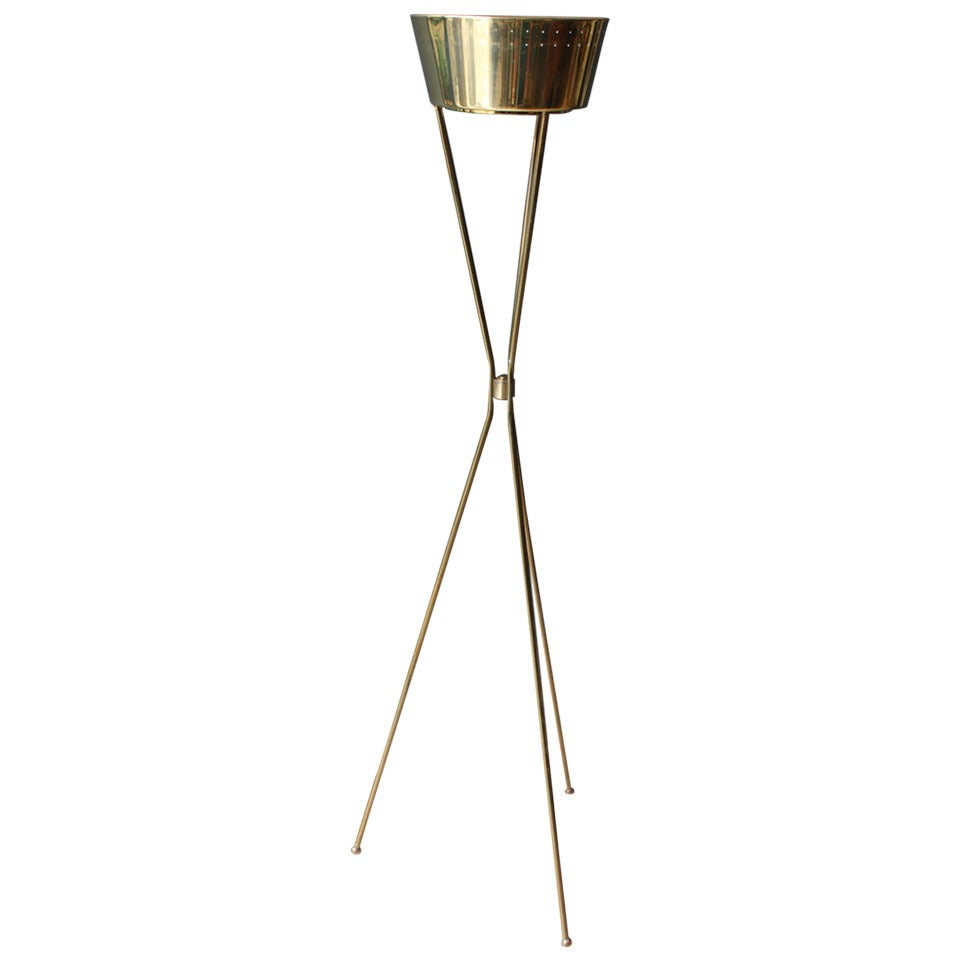 MidCentury Brass Tripod Floor Lamp with Perforated Metal Shade at 1stDibs