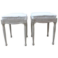 Pair of Swedish Gustavian Painted Stools with Linen Upholstery, 19th Century