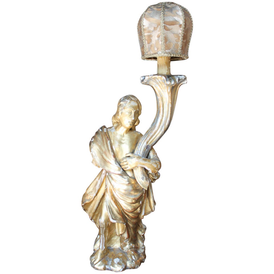 Rococo Gold Gilt Carved Wood Figural Lamp of an Angel, Italy, 18th Century For Sale