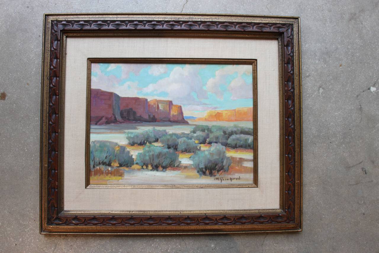 Painting of a landscape with mountain by J. M. Reinhard (1893-1959) oil on board. Painting is 12