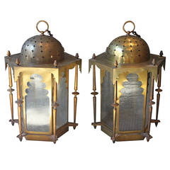 Pair of Large Mid-Century Moroccan Brass Lanterns with Seeded Glass Panes