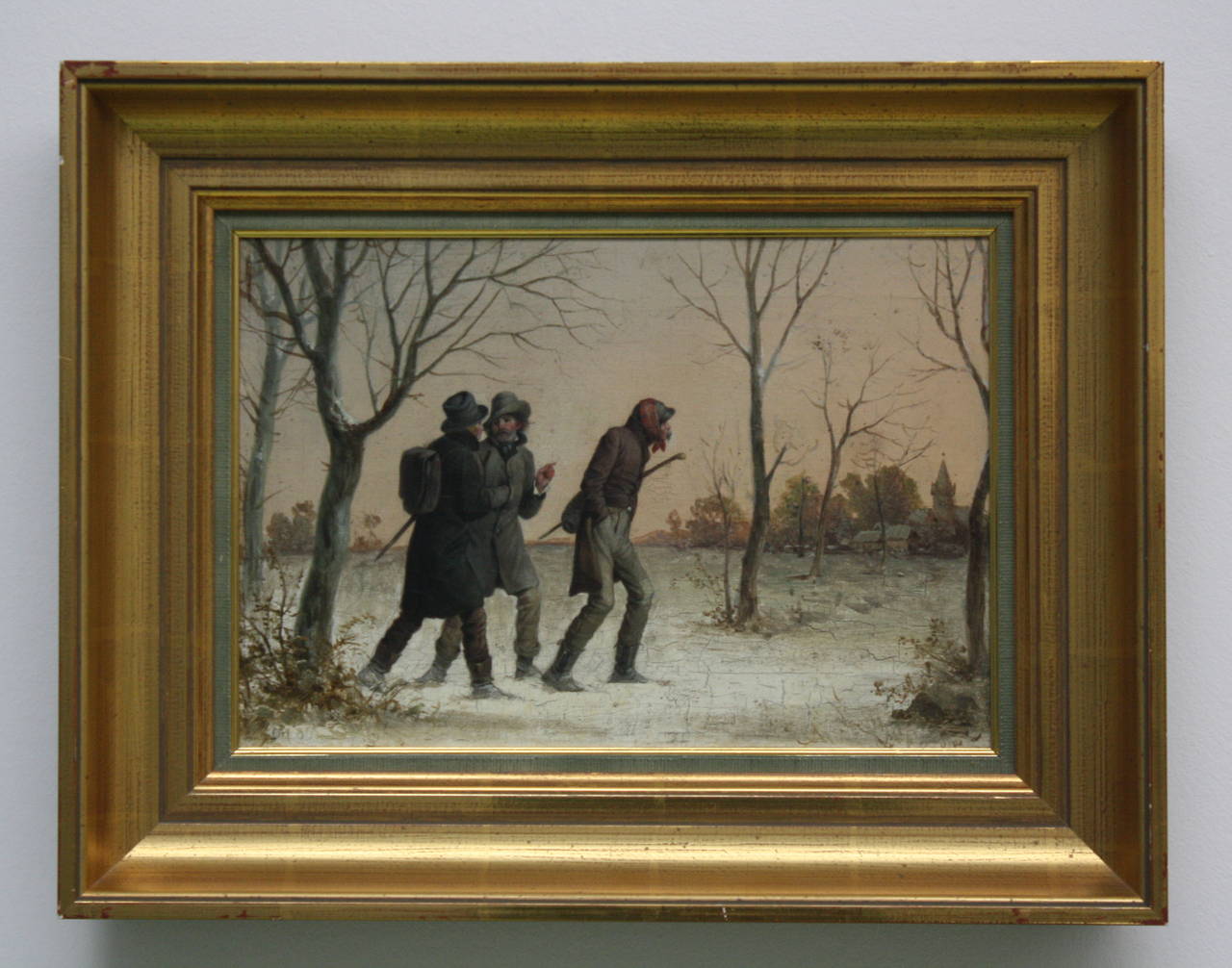19th Century Oil Painting of Three Man in Winter Wonderland