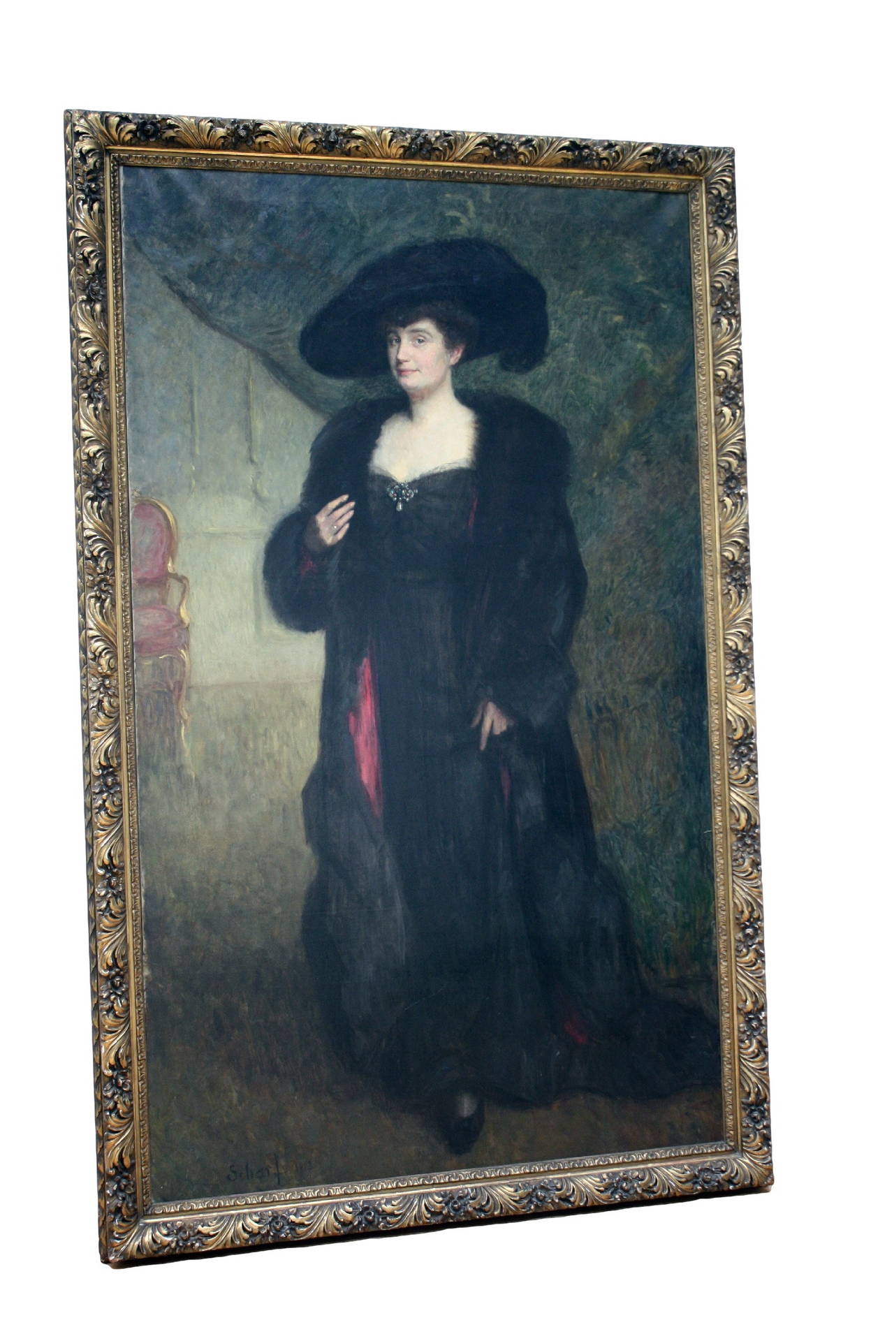 Monumental, framed portrait of an elegant lady. Oil on canvas. Signed "Scharf," dated 1913.
Painting measurement: W: 135 cm, H: 223 cm.