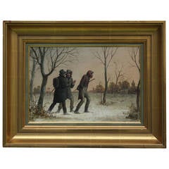 19th Century Oil Painting of Three Man in Winter Wonderland 19th Century Oil Painting of Three Man in Winter Wonderland