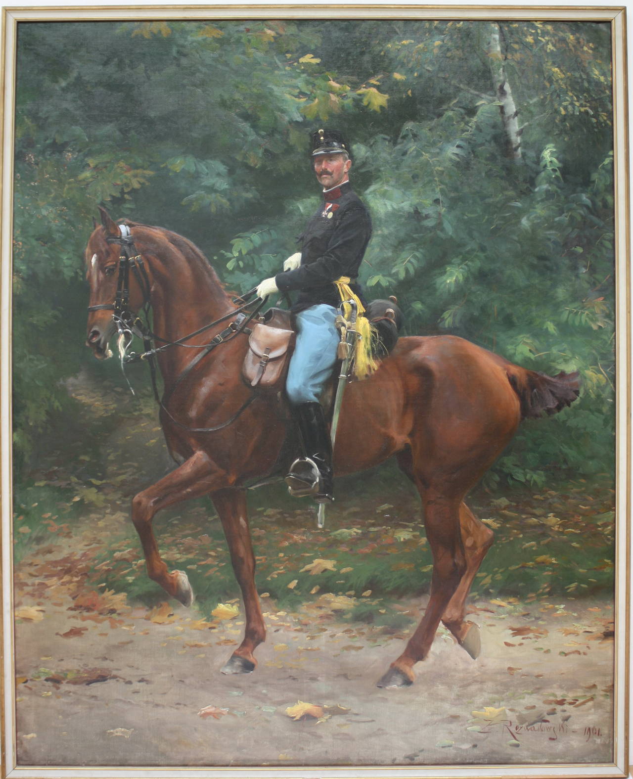 A Masterpiece from Zygmunt Rozwadowski 1870 - 1950 polish Painter. Ulan ? riding a horse. Signed low left Z. Rozwadowski and dated 1901. Oil on Canvas, Painting: H = 222cm, W = 178cm.