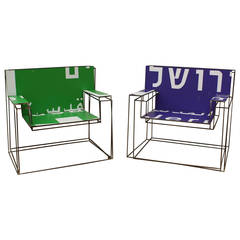 Ezri Tarazi Pair of Armchairs "DeFocus" in Green and Blue 9