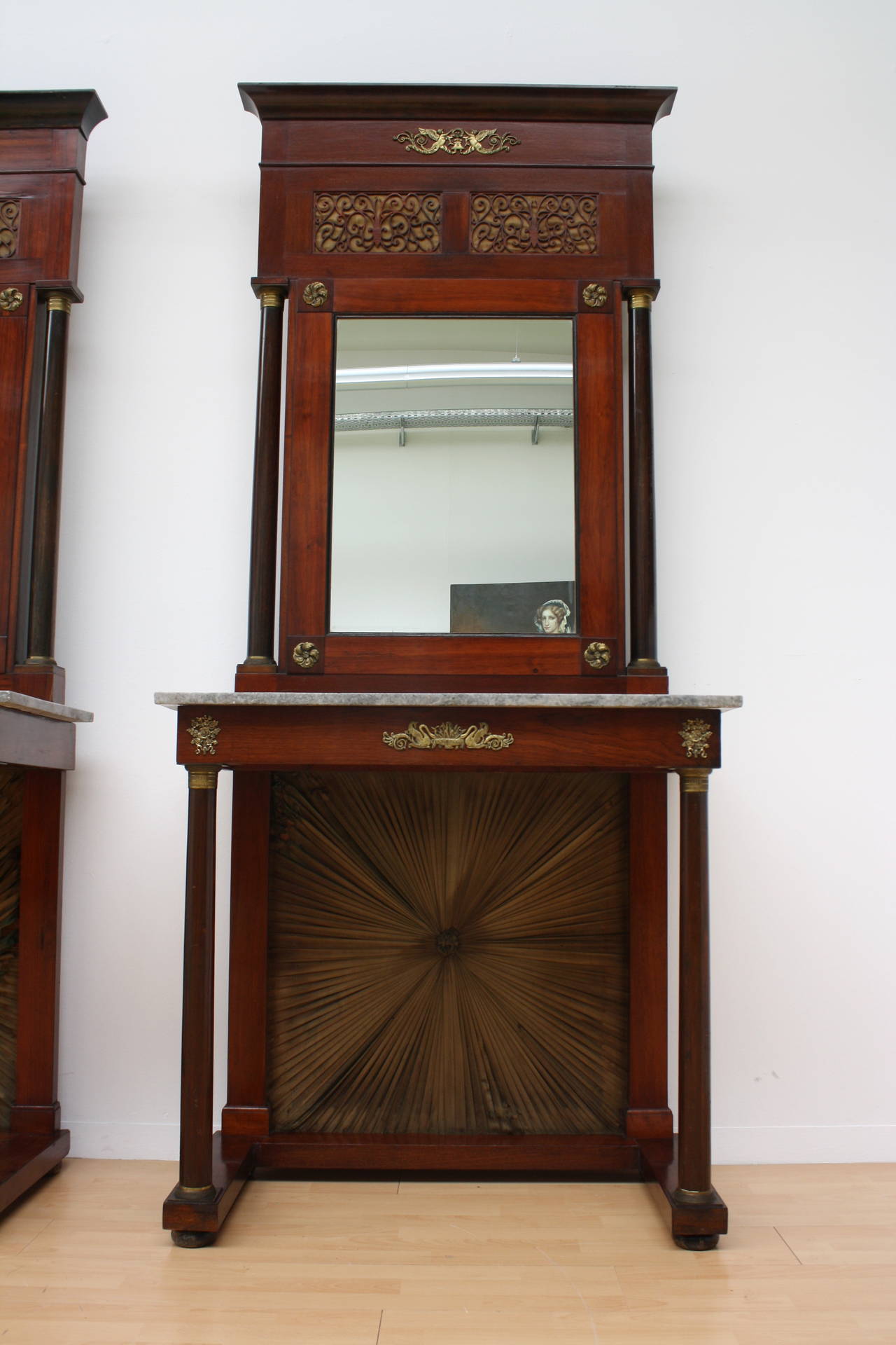 Early 19th Century Pair of Empire Consoles with Mirrors For Sale