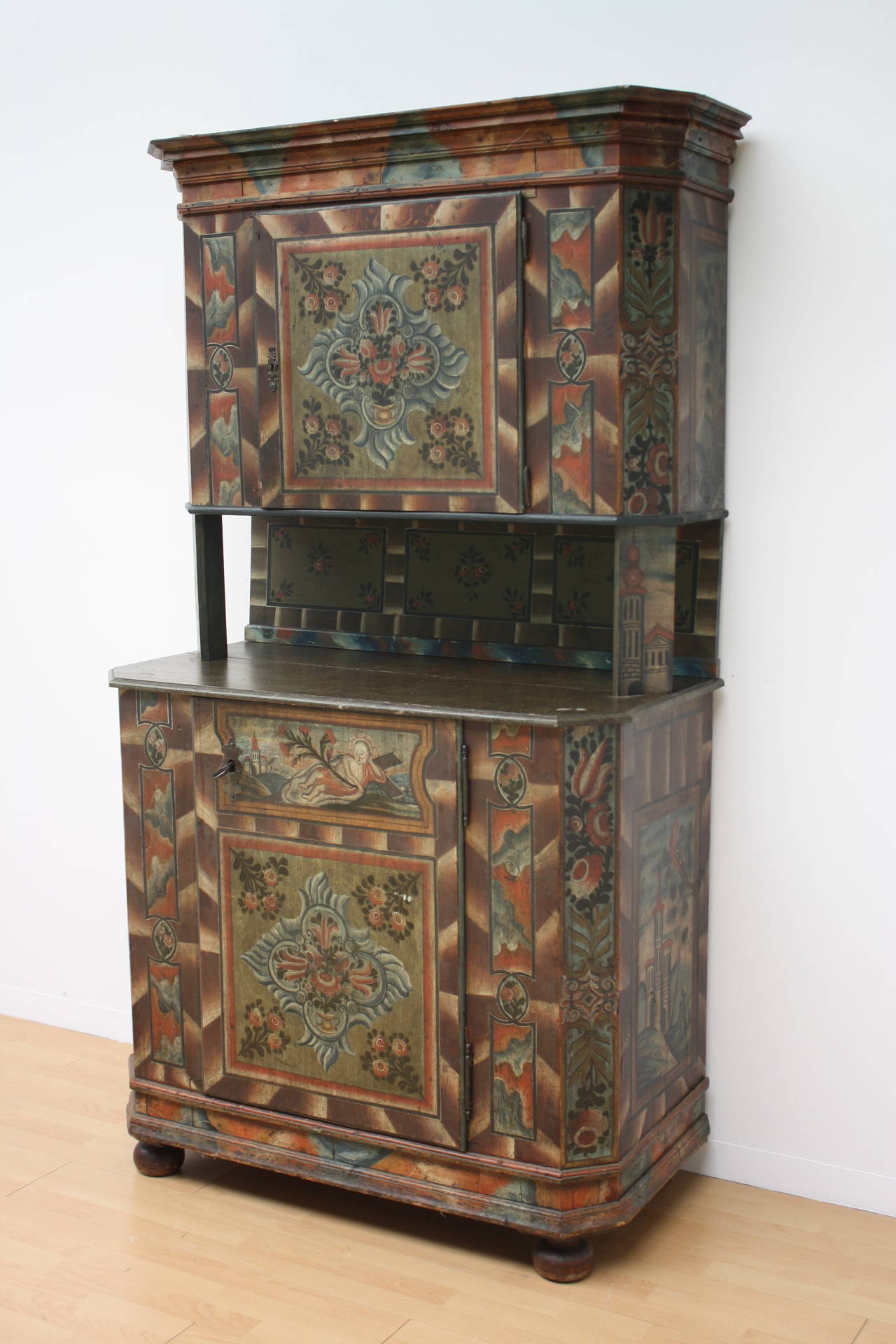 Painted Austrian Folk Art Buffet a Deux Corp